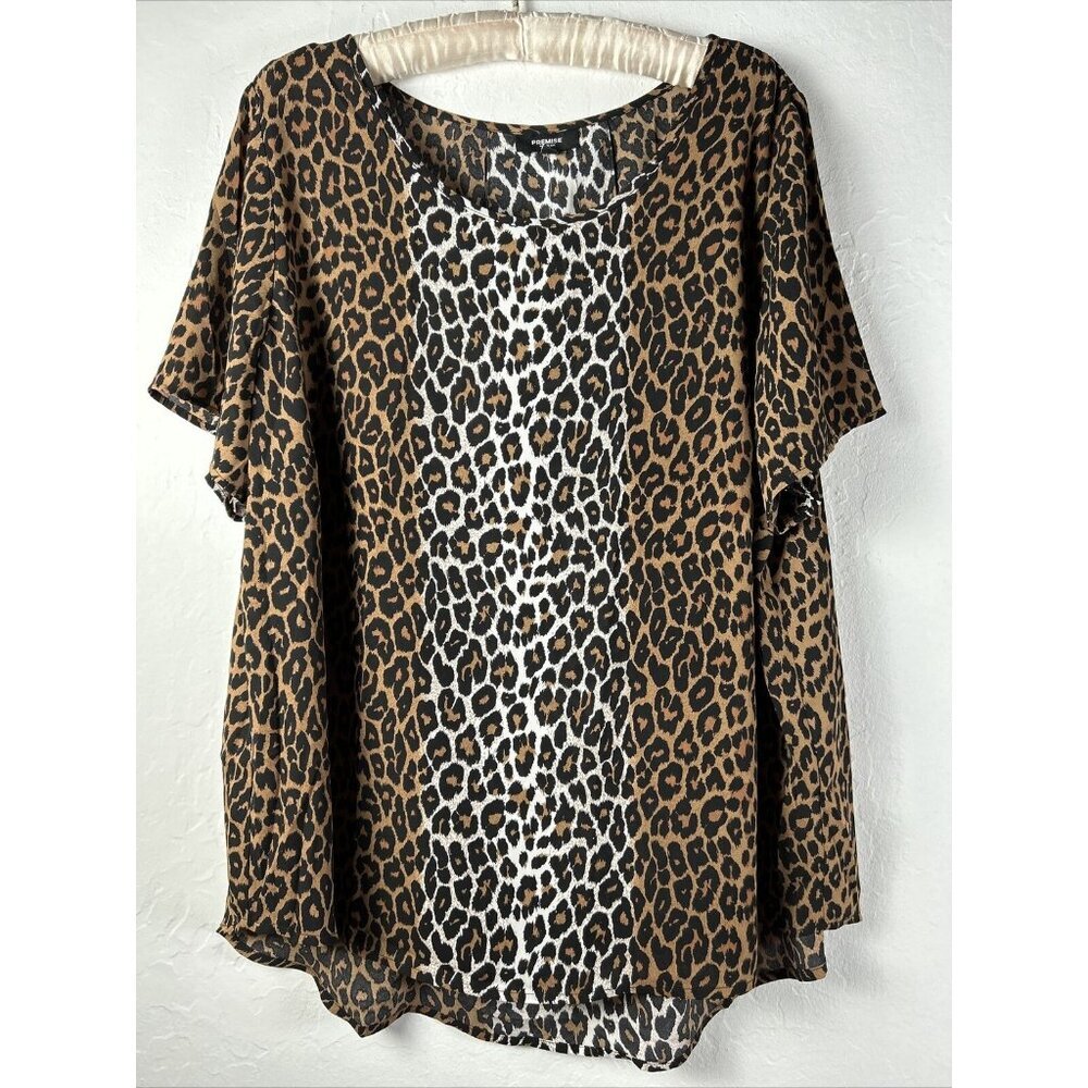 PREMISE Women Boat Neck Chiffon Tunic Top Size 1X Leopard Print Short Sleeve New